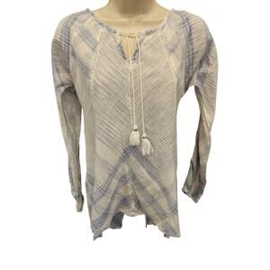 SUNDANCE XS Blue White Plaid Eyelet Pullover Boho Cotton Long Sleeve Top EUC